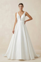 Robe de mariée blanc longue col V sans manches avec nœud - Harana