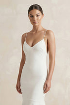 Robe de mariée blanche sirène en satin à col V à fines - Harana