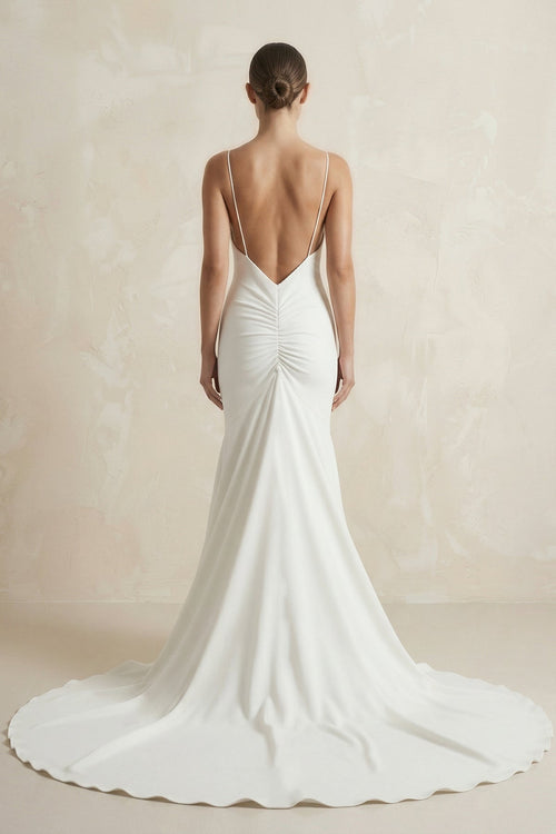 Robe de mariée blanche sirène en satin à col V à fines - Harana