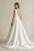 Robe de mariée blanc longue col V sans manches froncée - Harana