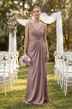 Robe demoiselle d’honneur toffee longue col V sans manches froncée - Harana