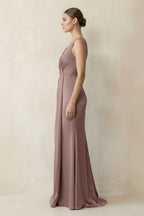 Robe demoiselle d’honneur toffee longue col V sans manches froncée - Harana
