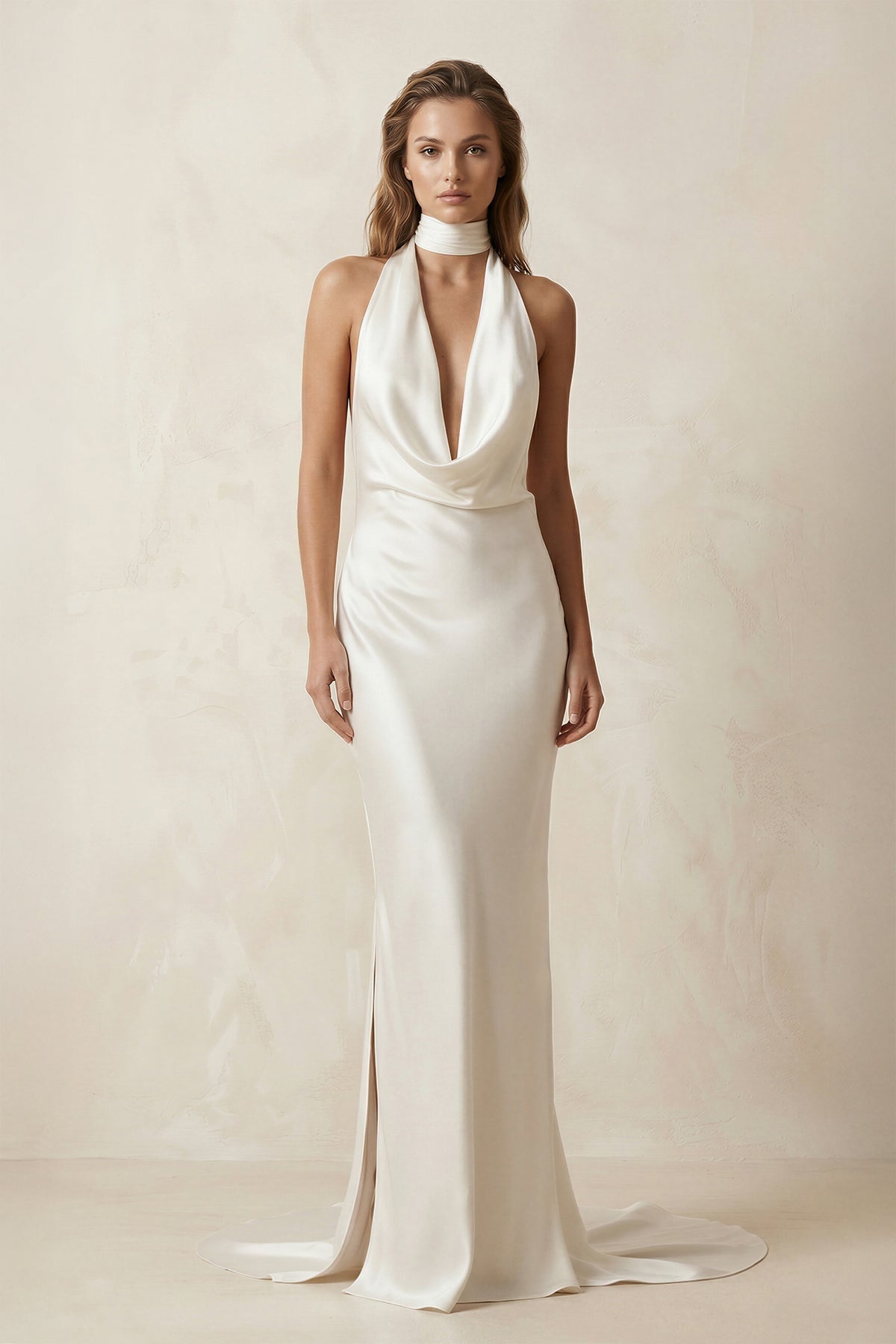 Robe de mariée ivoire sirène satinée col V avec fente sans manches - Harana