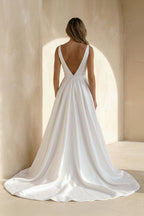 Robe de mariée ivoire trapèze en satin à col V sans manches - Harana