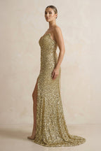 Robe longue champagne pailletée avec fente - Harana
