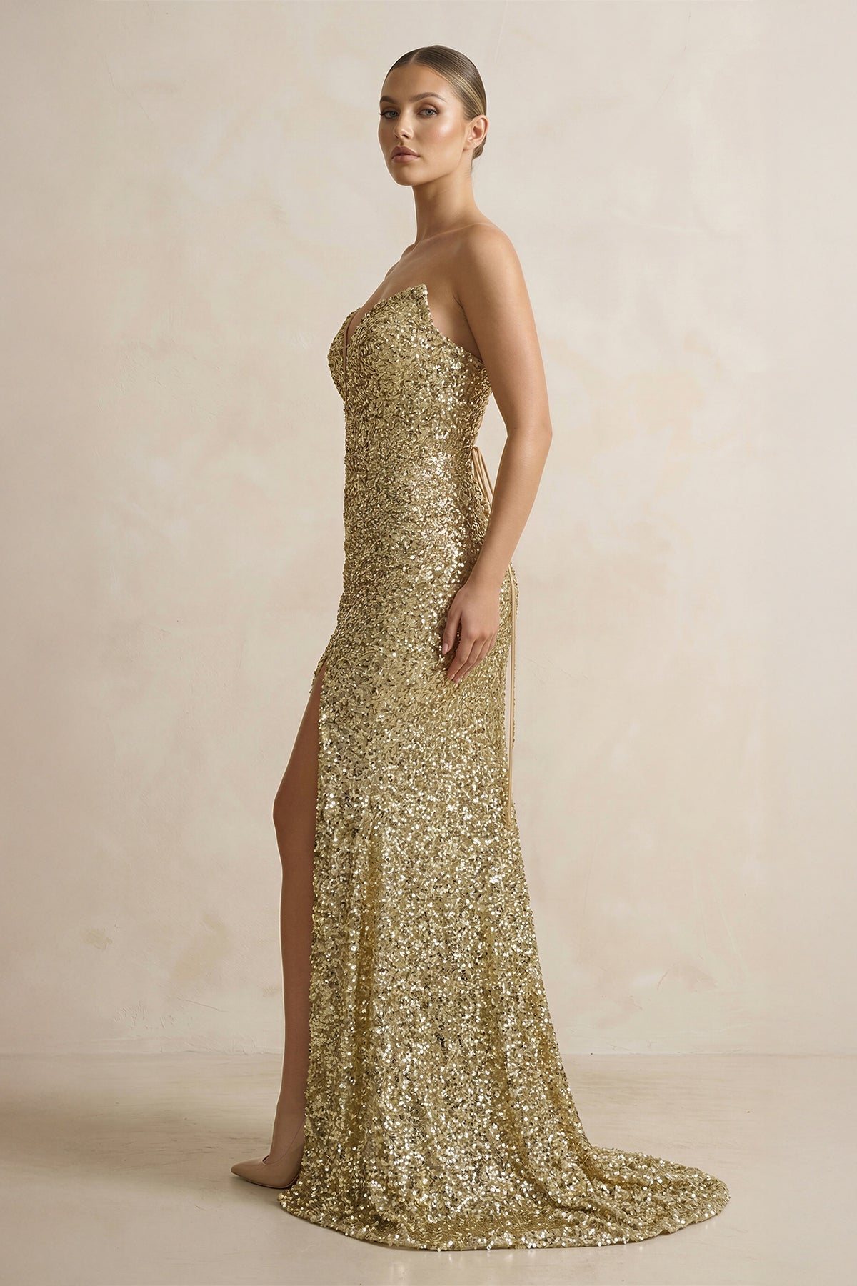 Robe longue champagne pailletée avec fente - Harana