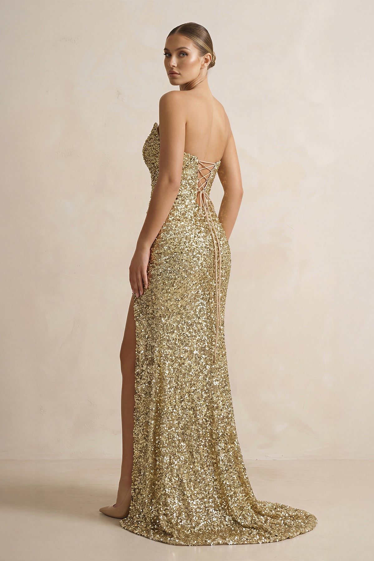 Robe longue champagne pailletée avec fente - Harana