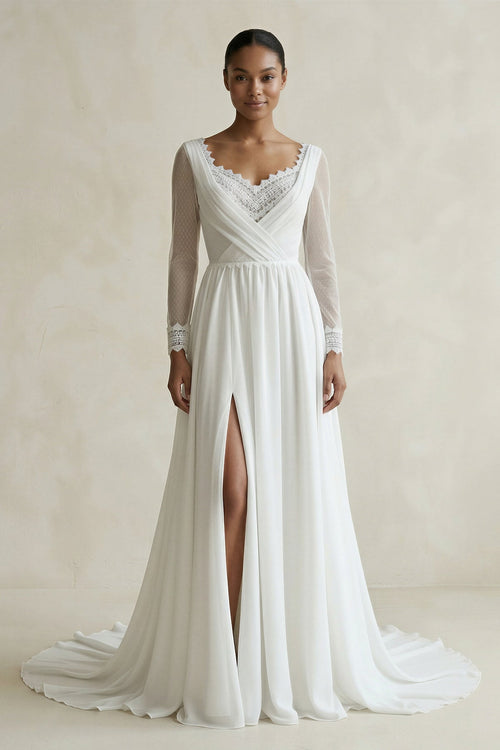 Robe de mariée blanche fourreau mousseline col V avec fente manches longues - Harana