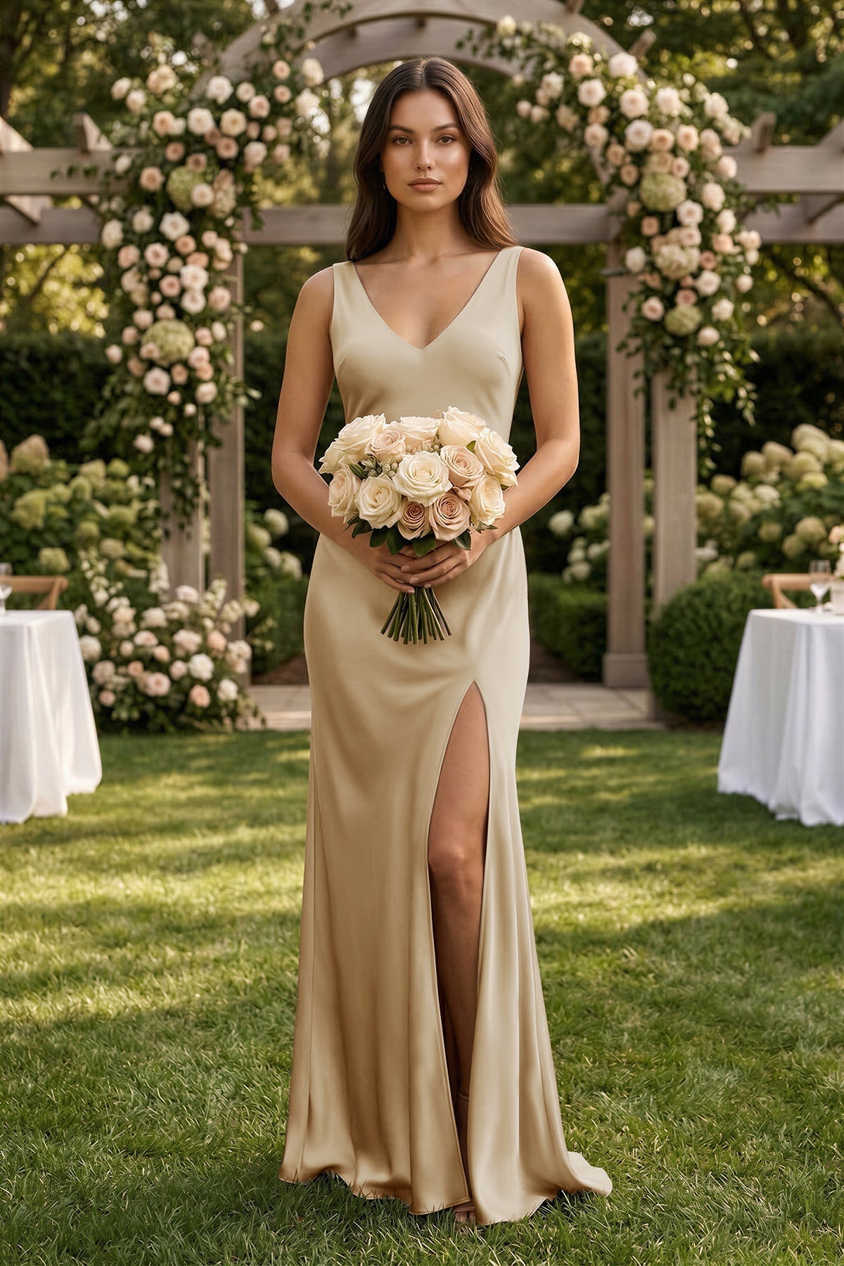 Robe demoiselle d’honneur champagne longue col V sans manches effet drapé - Harana