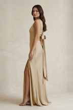 Robe demoiselle d’honneur champagne longue col V sans manches effet drapé - Harana
