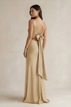 Robe demoiselle d’honneur champagne longue col V sans manches effet drapé - Harana