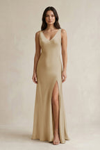 Robe demoiselle d’honneur champagne longue col V sans manches effet drapé - Harana
