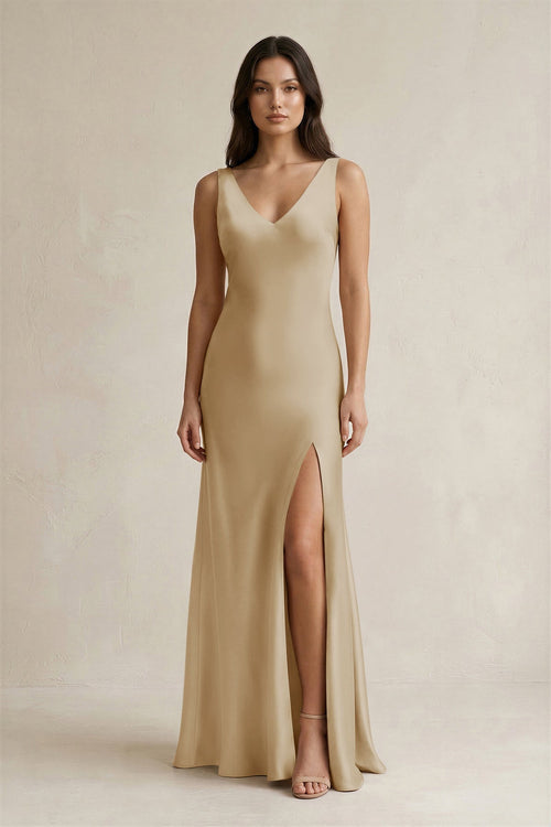 Robe de demoiselle d’honneur champagne longue satinée coupe fourreau à col V avec nœud - Harana