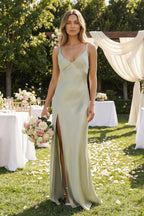 Robe demoiselle d’honneur frost longue col V sans manches avec fente - Harana