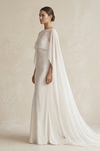 Robe de mariée blanche fourreau satinée col V dos nu sans manches - Harana