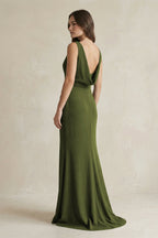 Robe demoiselle d’honneur olive longue col V sans manches froncée - Harana