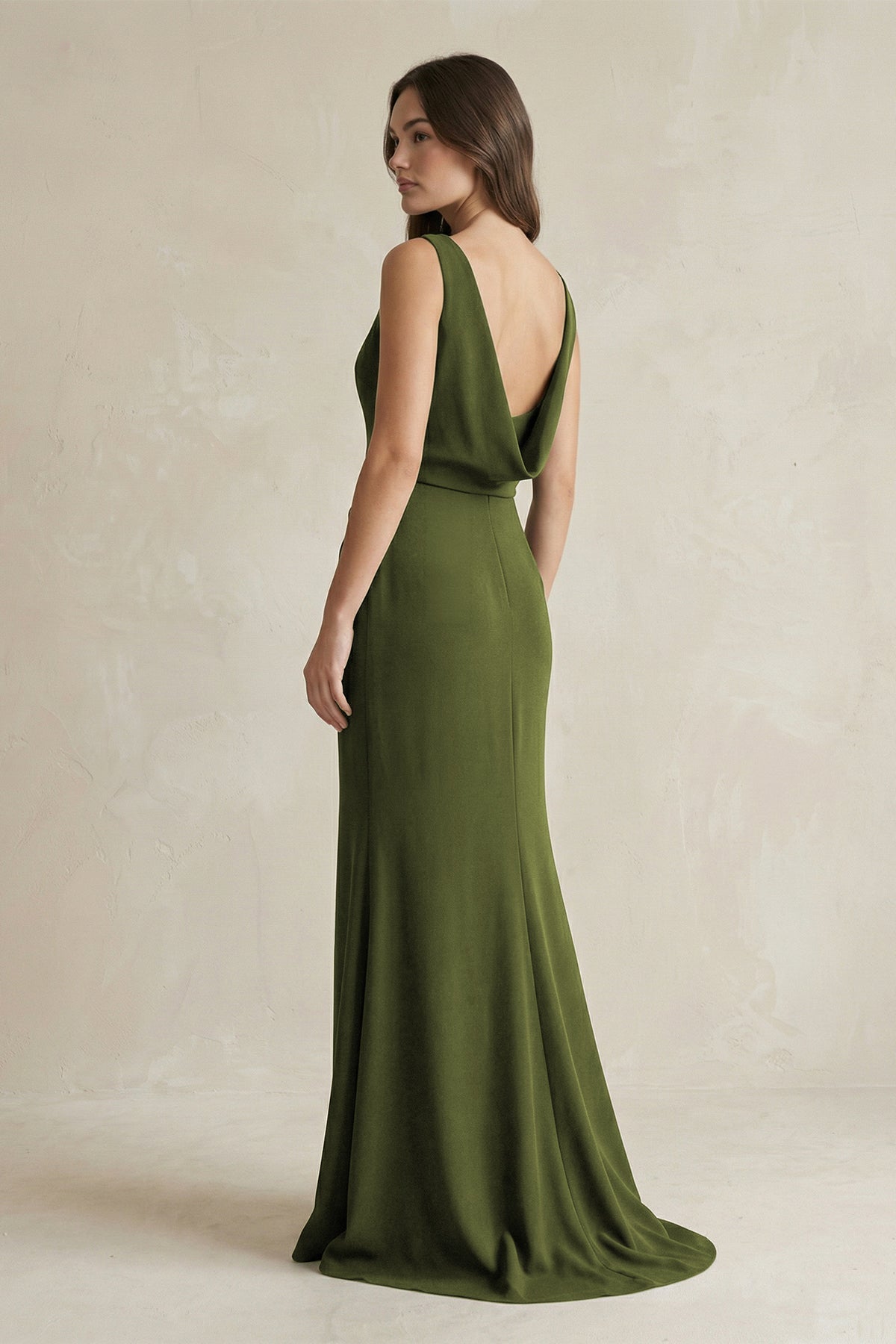 Robe demoiselle d’honneur olive longue col V sans manches froncée - Harana