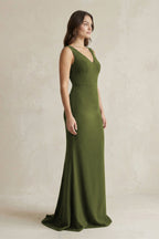 Robe demoiselle d’honneur olive longue col V sans manches froncée - Harana