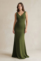 Robe demoiselle d’honneur olive longue col V sans manches froncée - Harana