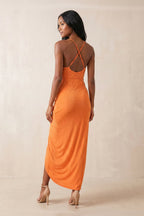 Robe orange midi coupe fourreau à col V - Harana