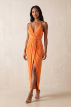 Robe orange midi coupe fourreau à col V - Harana