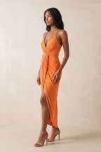 Robe orange midi coupe fourreau à col V - Harana