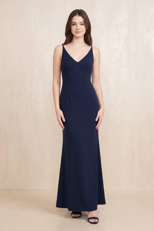 Robe bleu marine longue satinée coupe fourreau à col V - Harana