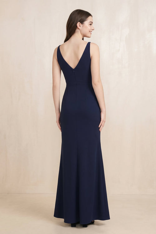 Robe bleu marine longue satinée coupe fourreau à col V - Harana