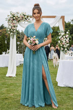 Robe demoiselle d’honneur adriatic blue longue col V manches courtes avec fente - Harana