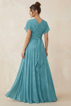 Robe demoiselle d’honneur adriatic blue longue col V manches courtes avec fente - Harana