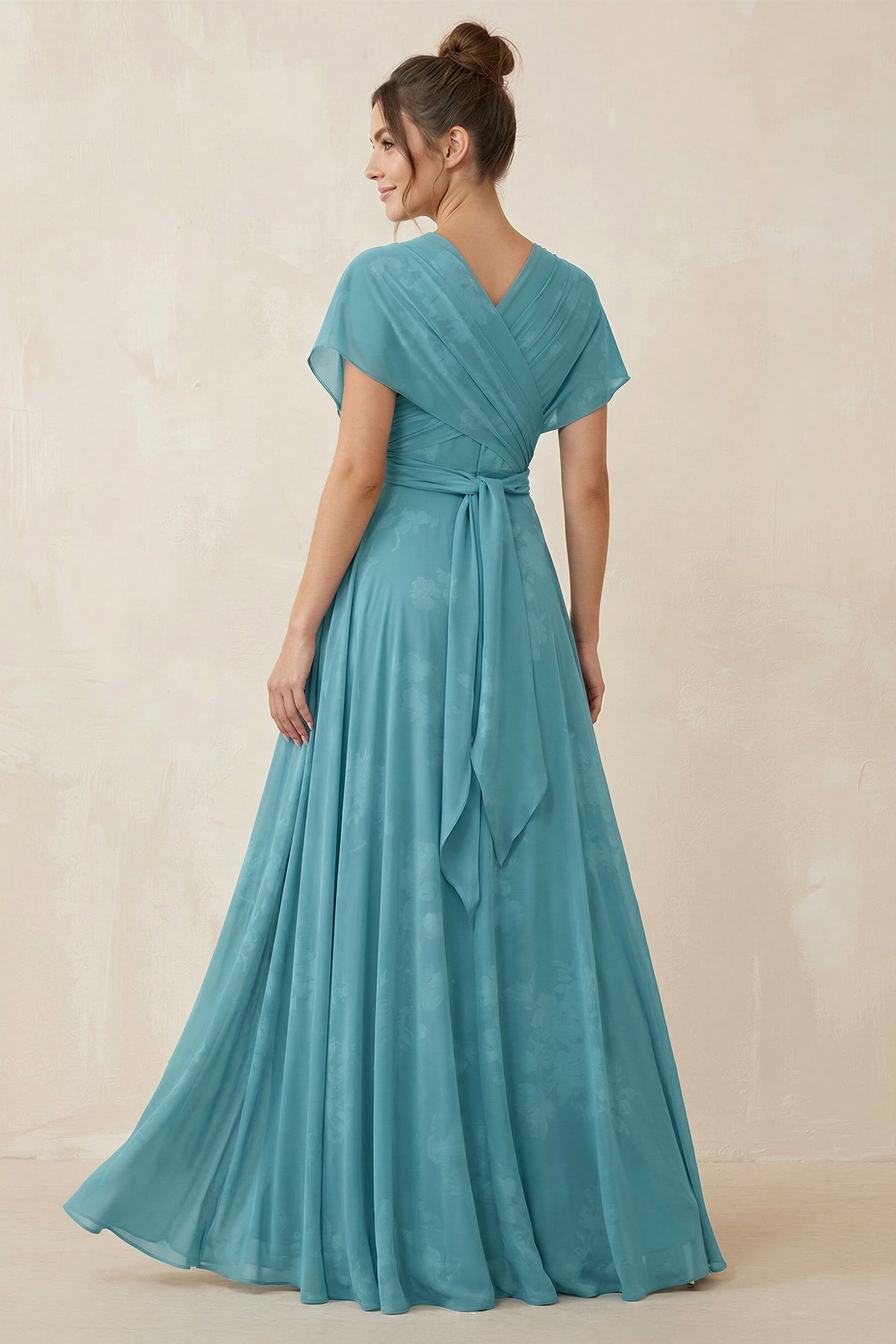 Robe demoiselle d’honneur adriatic blue longue col V manches courtes avec fente - Harana
