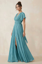 Robe demoiselle d’honneur adriatic blue longue col V manches courtes avec fente - Harana