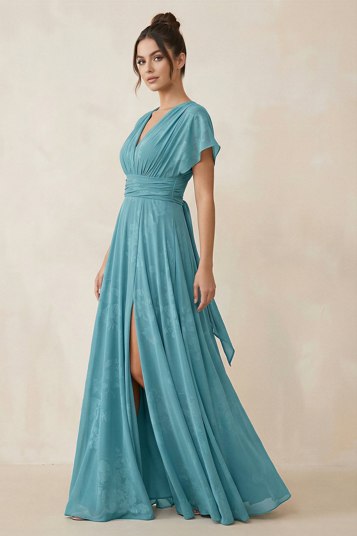 Robe demoiselle d’honneur adriatic blue longue col V manches courtes avec fente - Harana