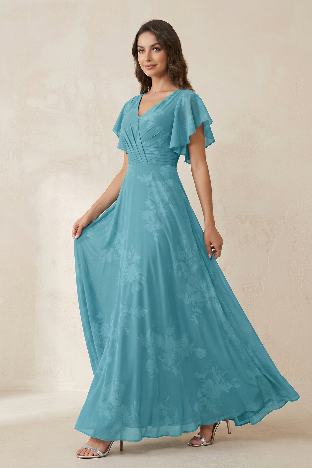 Robe demoiselle d’honneur adriatic blue longue col V manches courtes en mousseline - Harana