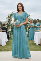 Robe demoiselle d’honneur adriatic blue longue col V manches courtes en mousseline - Harana