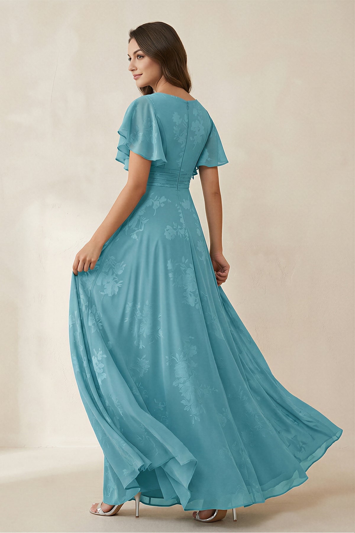 Robe demoiselle d’honneur adriatic blue longue col V manches courtes en mousseline - Harana