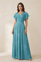 Robe demoiselle d’honneur adriatic blue longue col V manches courtes en mousseline - Harana