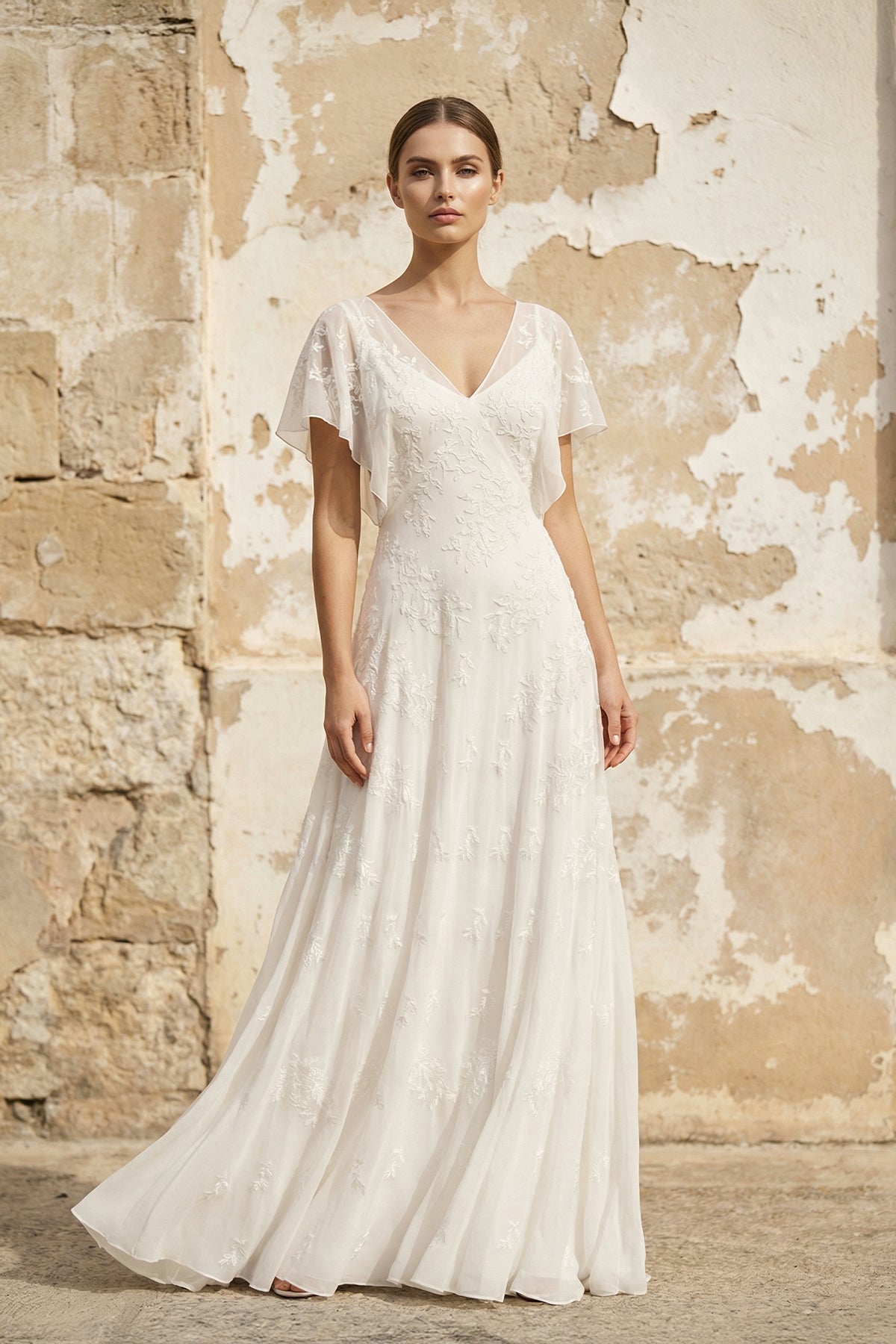 Robe de mariée ivoire trapèze dentelle col V manches courtes - Harana