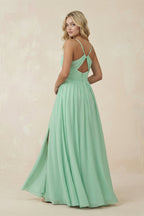 Robe demoiselle d’honneur pale pistachio longue à fines bretelles col V sans manches - Harana