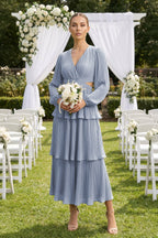 Robe demoiselle d’honneur twilight longue col V manches longues effet drapé - Harana