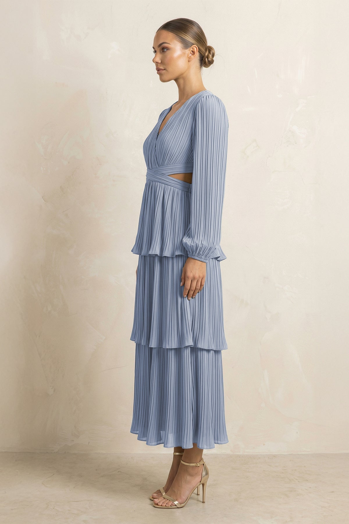 Robe demoiselle d’honneur twilight longue col V manches longues effet drapé - Harana