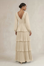 Robe demoiselle d’honneur champagne longue col V manches longues effet drapé - Harana