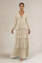 Robe demoiselle d’honneur champagne longue col V manches longues effet drapé - Harana