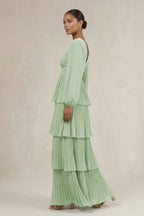 Robe demoiselle d’honneur vert sauge longue col V manches longues effet drapé - Harana