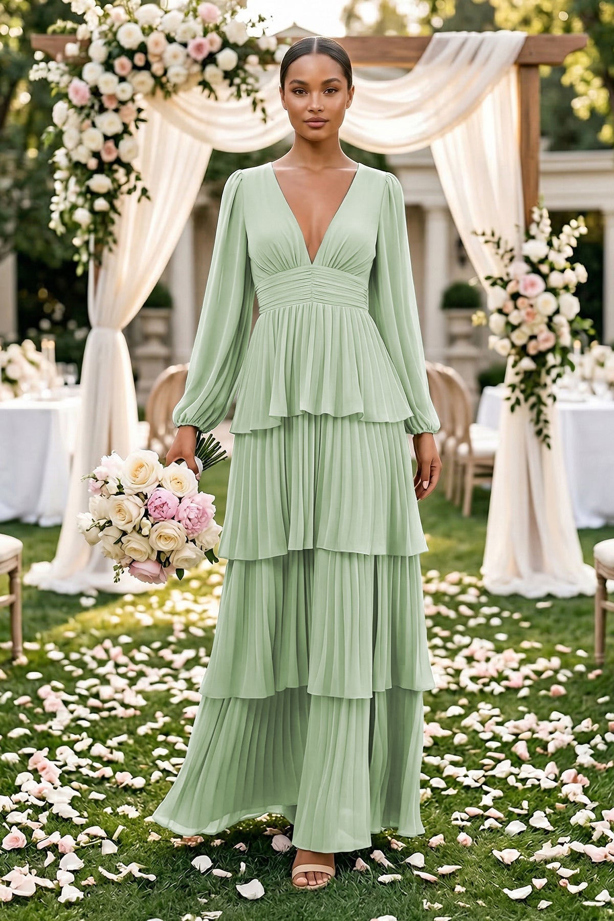 Robe demoiselle d’honneur vert sauge longue col V manches longues effet drapé - Harana