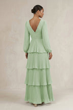 Robe demoiselle d’honneur vert sauge longue col V manches longues effet drapé - Harana