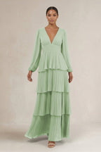 Robe demoiselle d’honneur vert sauge longue col V manches longues effet drapé - Harana