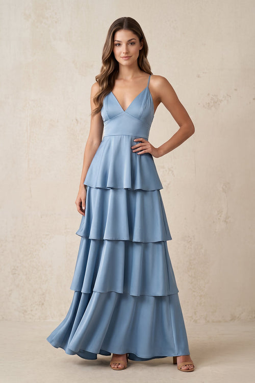 Robe bleu neptune longue coupe trapèze à col V ornée de volants - Harana