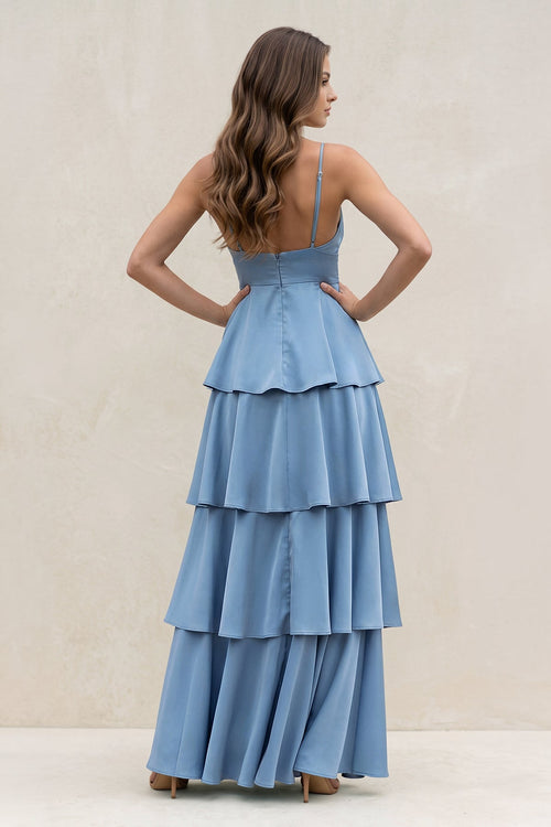 Robe bleu neptune longue coupe trapèze à col V ornée de volants - Harana