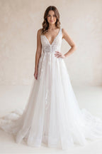Robe de mariée blanche trapèze en tulle à col V sans manches - Harana